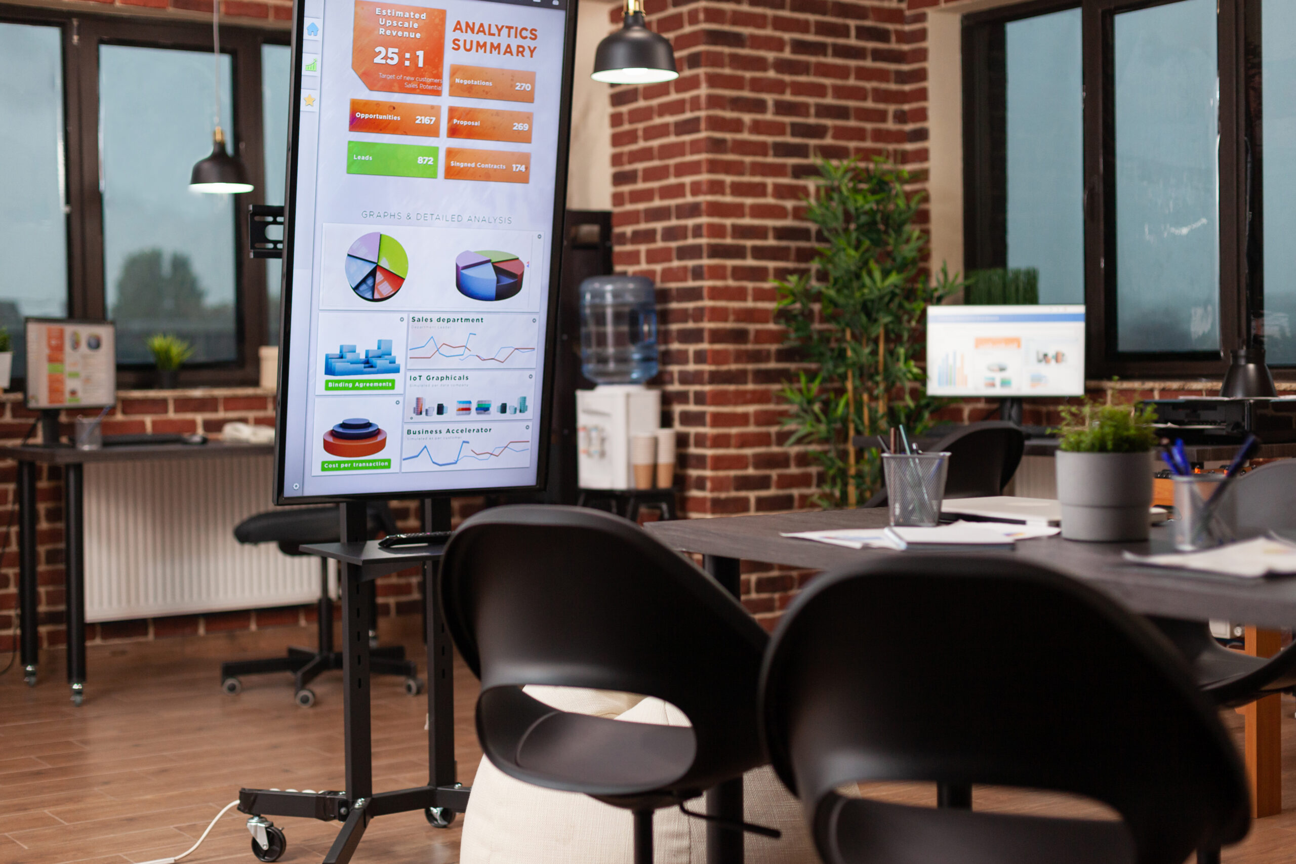 Mini PC em painéis informativos exibindo dashboards analíticos em uma sala de reuniões moderna, com tela vertical apresentando gráficos, indicadores de desempenho e dados em tempo real, integrado a um ambiente corporativo com mesas, cadeiras e computadores.