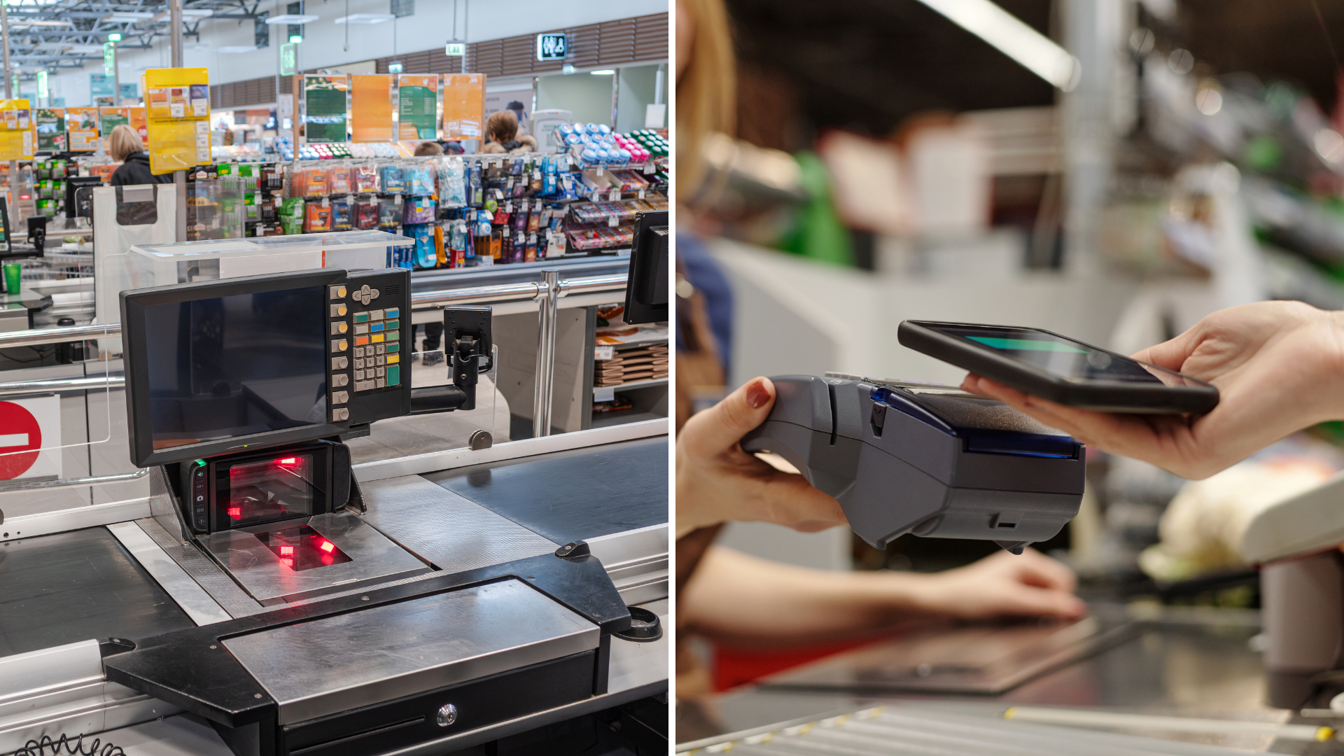 Comparativo entre PDV fixo e PDV móvel em operação de varejo, mostrando um checkout tradicional e um terminal portátil para atendimento e pagamento, destacando as diferenças entre as duas soluções.